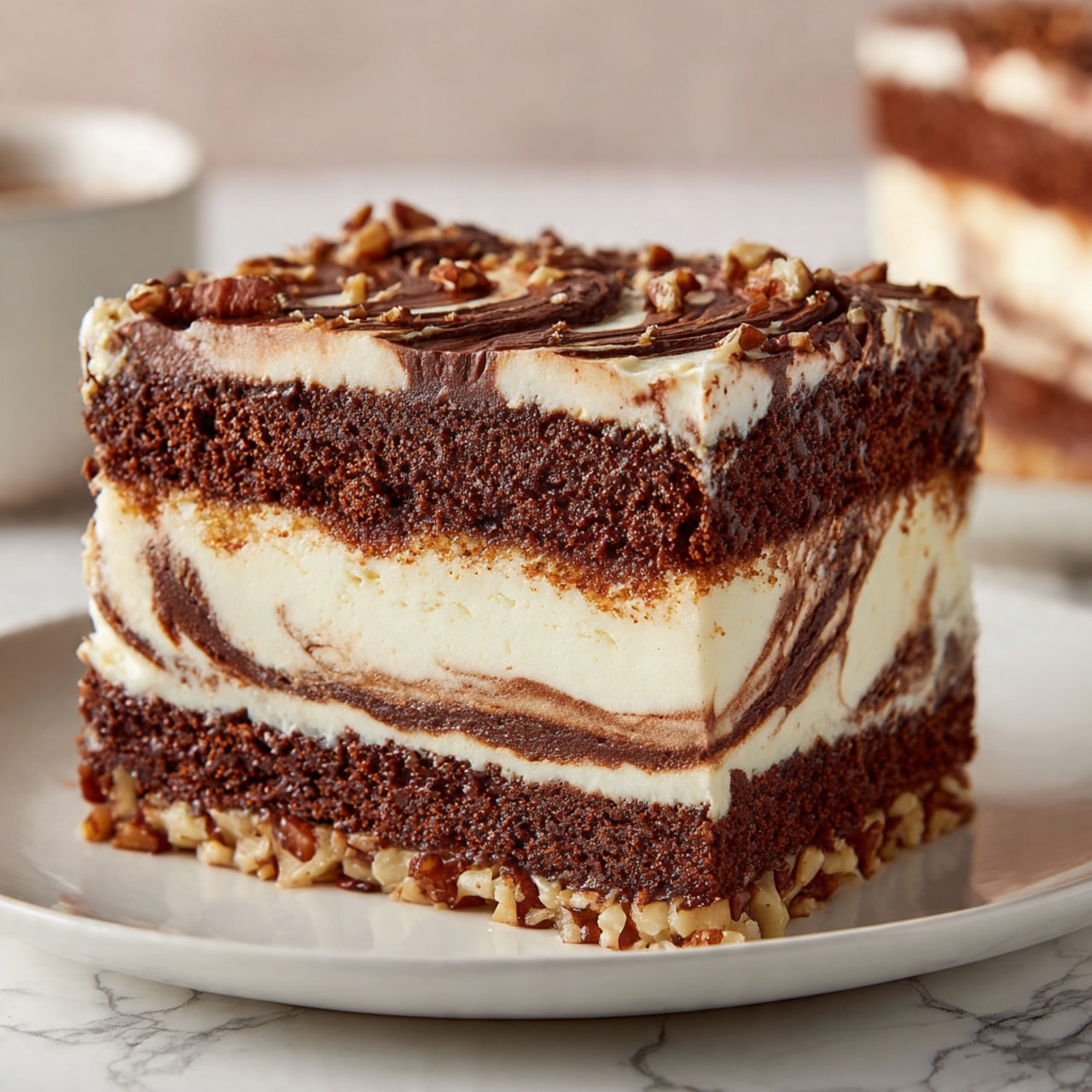 A close-up view of a two-layer dessert on a white plate, with a white marbled surface underneath. The bottom layer is a thin, crunchy base with visible small nuts in light brown tones. The thick middle layer is a moist chocolate cake, dark brown with a soft texture. Inside the chocolate cake, there are creamy white swirls that look smooth and rich, blending into the cake and showing a melting effect. Photo taken with an iphone --ar 4:5 --v 7