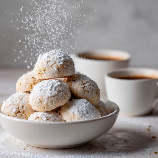 A white bowl filled with a stack of round, light beige cookies dusted with powdered sugar. The cookies are arranged in a pyramid shape with one cookie on top and others supporting it beneath, all with a soft, slightly rough texture. Powdered sugar is gently falling over the cookies, creating a fine white dust in the air and on the surface below. In the blurry background, there are two white cups filled with dark brown liquid resting on a white marbled surface. The scene looks warm and cozy. Photo taken with an iphone --ar 4:5 --v 7