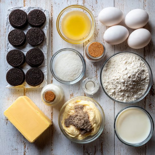 The image shows many baking ingredients neatly arranged on a wooden table. On the top left, there is an open pack of cookies showing dark round biscuits. To the right of it, there is a small glass bowl with a light yellow liquid and next to it three white eggs placed vertically. Below the liquid are two glass bowls, one with white powder and the other with a small amount of white liquid. Beside the eggs is a small glass bottle with a cork lid. On the right side, there is a larger clear bowl filled with white flour. Below that bowl, there is another bowl with a creamy mixture topped with cookie crumbs. On the bottom left, there is a round glass container with a yellow block of butter and next to it a rectangular container with a flat slab of the same butter. Centered at the bottom are two cookies side by side, then a glass bowl with white powder and another glass bowl with light milk. The surface beneath all items is a white marbled texture photo taken with an iphone --ar 4:5 --v 7