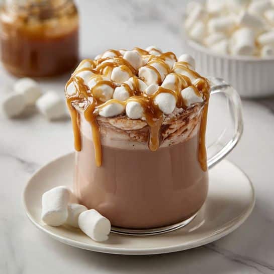 The image shows a clear glass mug filled with smooth, creamy brown hot chocolate, topped with a thick layer of white mini marshmallows that cover the entire surface. Over the marshmallows, there is a wavy drizzle of golden caramel sauce that adds a shiny texture and rich color contrast. The mug sits on a white plate with a couple of marshmallows placed beside it, all set on a white marbled surface. In the blurred background, there is a white bowl filled with more marshmallows and a jar containing caramel sauce. photo taken with an iphone --ar 4:5 --v 7