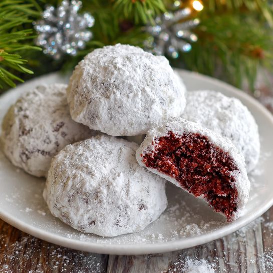A white plate holding several round cookies covered in a thick layer of white powdered sugar. One cookie is slightly broken, showing a deep red, crumbly inside. The cookies have a rough, uneven surface texture from the powdered sugar. The plate sits on a wooden surface with green pine needles and silver glitter decorations beside it, all set against a white marbled texture background. photo taken with an iphone --ar 4:5 --v 7