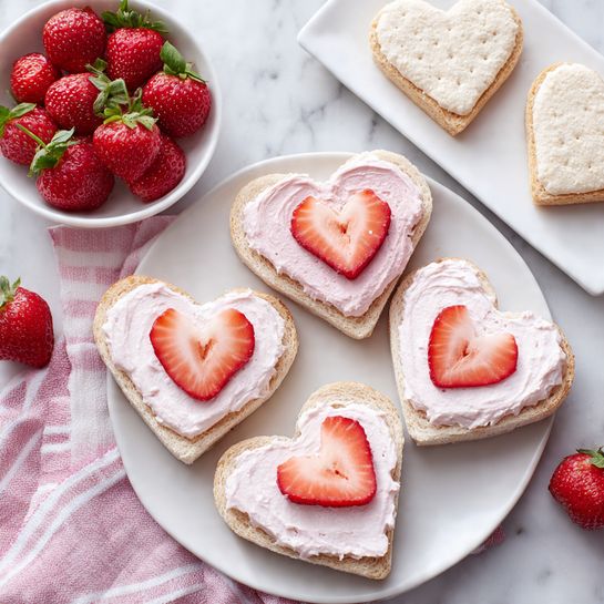 The image shows six heart-shaped sandwich pieces on a white plate placed on a white marbled surface with a pink and white striped cloth underneath. Each sandwich has two layers of soft pale bread with a light pink creamy layer in the middle and sliced red strawberries visible in some of the sandwiches. Three sandwiches have the top bread layer removed, revealing a thick layer of the pink cream spread topped with fresh strawberry slices. In the background, there is a white bowl filled with bright red strawberries with green leafy tops, and a white rectangular plate with three heart-shaped biscuit-like pieces topped with the same pink cream. The overall look is fresh, soft, and colorful, centered around the theme of strawberries and light cream, with natural lighting adding brightness to the scene, photo taken with an iphone --ar 4:5 --v 7