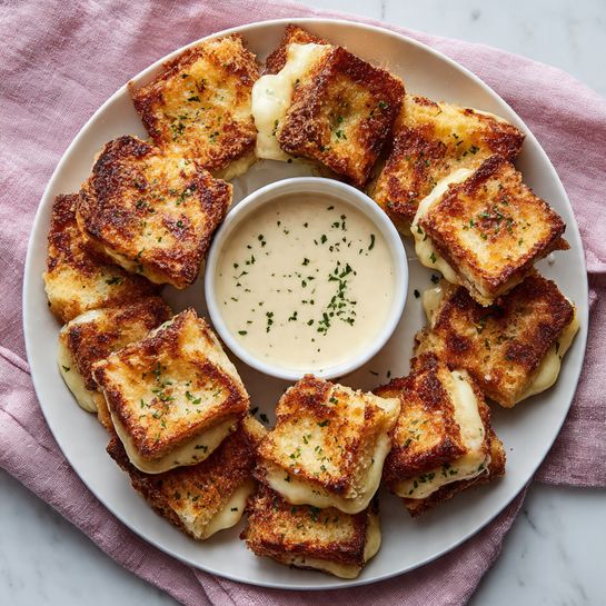 The image shows a white plate filled with about thirteen small square grilled cheese pieces, each with a golden to dark brown crispy crust and melted cheese oozing out from the sides. The pieces are sprinkled with small green herb flakes. In the center top of the plate, there is a small white round bowl filled with creamy light beige sauce, also sprinkled with green herb flakes. The plate is resting on a soft pink cloth, and the background is a white marbled texture. photo taken with an iphone --ar 4:5 --v 7