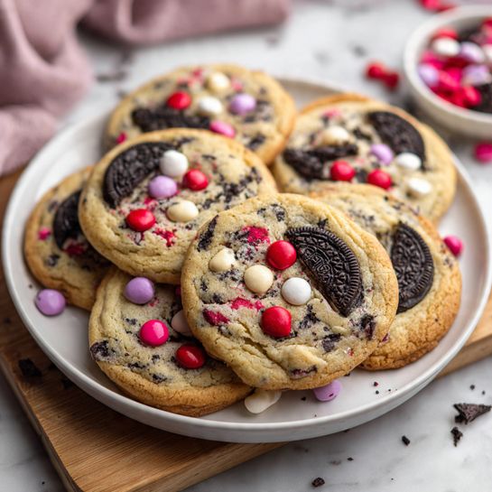 A close-up of a soft cookie with a light golden-brown base. The cookie has mixed dark chunks of crushed cookies and whole small chocolate pieces in pink, white, and red colors scattered on top. The texture looks slightly bumpy with bits of crunchy cookie pieces throughout. The cookie is placed on a wooden board, with a white marbled surface underneath and a few colorful chocolate pieces around it. photo taken with an iphone --ar 4:5 --v 7