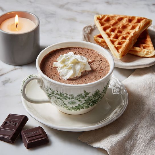A cup of hot chocolate with light brown frothy liquid fills a white cup with green floral design and a matching white saucer, resting on a white marbled surface. The hot chocolate is topped with a dollop of white whipped cream placed slightly off center. Next to the cup, two light golden-brown triangular waffles sit on a beige cloth napkin to the right side. In the bottom left corner, two small broken pieces of dark chocolate lie on the surface. At the upper left corner, a lit candle in a grey holder adds a soft warm glow. Photo taken with an iphone --ar 4:5 --v 7