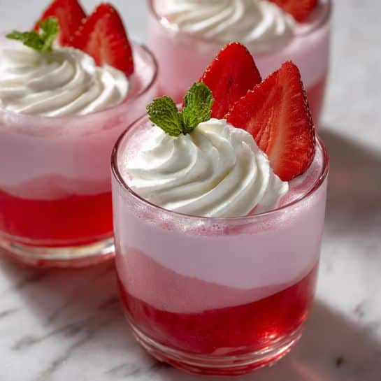There are clear tall glasses filled with three visible layers: the bottom layer is a shiny red jelly that fills about one-third of the glass, the middle layer is a smooth pink mousse with a creamy texture taking up the next third, and the top layer is a thick swirl of white whipped cream. Two fresh red strawberry halves are placed upright on the whipped cream with a small green leaf in between, adding a fresh touch. The glasses are placed on a surface with a white marbled texture. The overall image is bright with a focus on sharp layers and fresh colors photo taken with an iphone --ar 4:5 --v 7