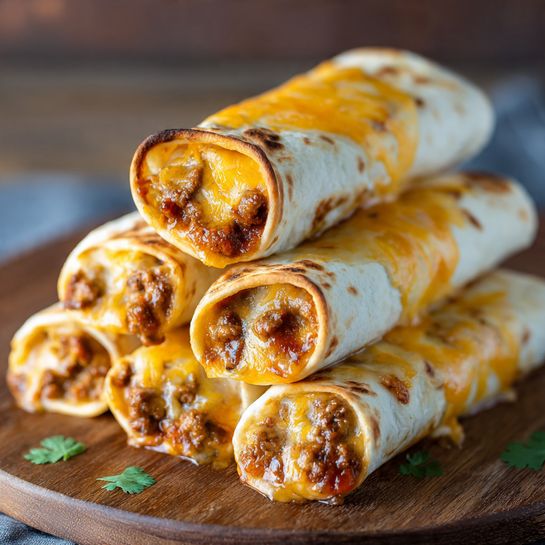 The image shows five rolled tortillas filled with a brown meat and cheese mixture. Each roll is covered with melted orange cheese on top that looks shiny and smooth. The rolls are tightly packed together on a wooden board, and small green cilantro leaves are scattered around them. The focus is close up, showing the texture of the filling inside the ends of the rolls. The background has a soft blur with warm tones. The scene is lit softly to highlight the melted cheese and the texture of the filling photo taken with an iphone --ar 4:5 --v 7