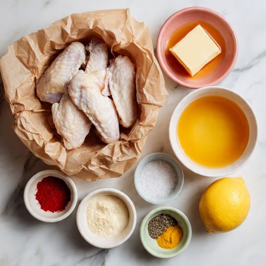 A group of pale, raw chicken wings are placed in crumpled light brown parchment paper forming a loose round shape in the top left, on a white marbled surface. To the right, a small white bowl filled with golden honey sits below a pink bowl holding a square piece of light yellow butter. Below the wings in the center, there are five small bowls: a white one with white powders and four different spices in red, yellow, and beige; a white one with a light yellow thick paste; a white bowl with black pepper and white salt on one side, and a muted coral color on the other side; a light green bowl with white powder; and a whole bright yellow lemon near the bottom center, all arranged neatly on the white marbled surface photo taken with an iphone --ar 4:5 --v 7