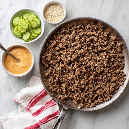 A metal pan filled with cooked browned ground beef evenly spread out, showing a crumbly texture with small chunks. Around the pan, on a white marbled surface, there are three small white bowls: one containing light green chopped pickles, one filled with white sesame seeds, and one holding a creamy orange sauce with a spoon inside. A white cloth with red stripes is placed near the pan's handle. Photo taken with an iphone --ar 4:5 --v 7
