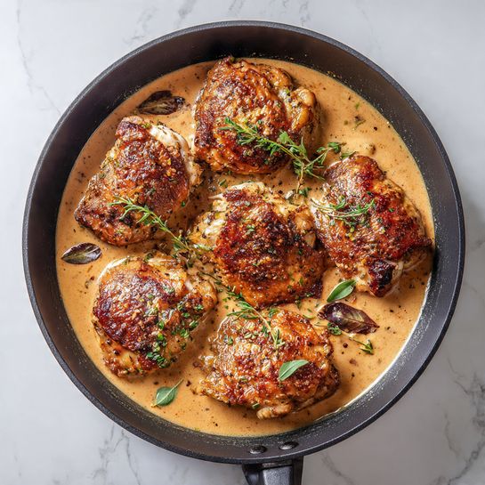 A black skillet filled with six browned pieces of chicken placed evenly over a light brown sauce. The chicken has a slightly charred texture with some visible dark specks of herbs or spices. The sauce is smooth with a few small green leaves and dark bits scattered around. The skillet sits on a white marbled surface. photo taken with an iphone --ar 4:5 --v 7