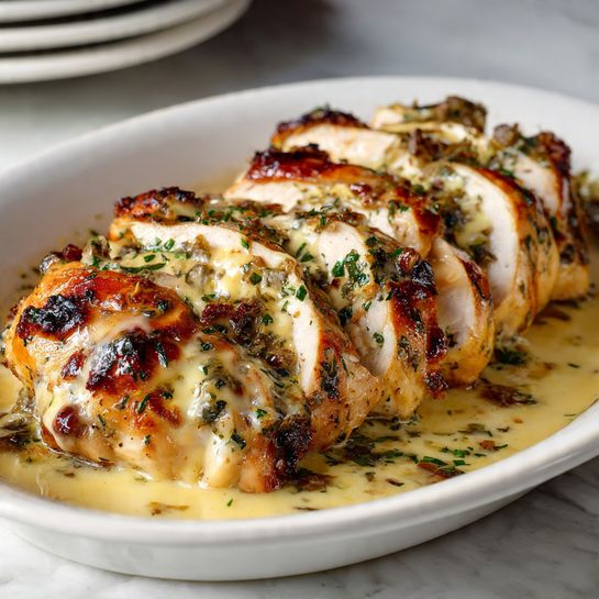 A white oval dish holds a layered baked dish with five thick, golden-brown slices of chicken arranged side by side, covered in a creamy, lightly browned sauce that pools at the bottom. The chicken slices have a slightly crispy texture on top with visible grill marks and are sprinkled with finely chopped green herbs. The creamy sauce has a smooth, glossy texture with hints of seasoning, surrounding the chicken and filling the base of the dish. The dish is placed on a warm wooden table, with blurred plates and objects in the background showing a cozy dining setting. Photo taken with an iphone --ar 4:5 --v 7