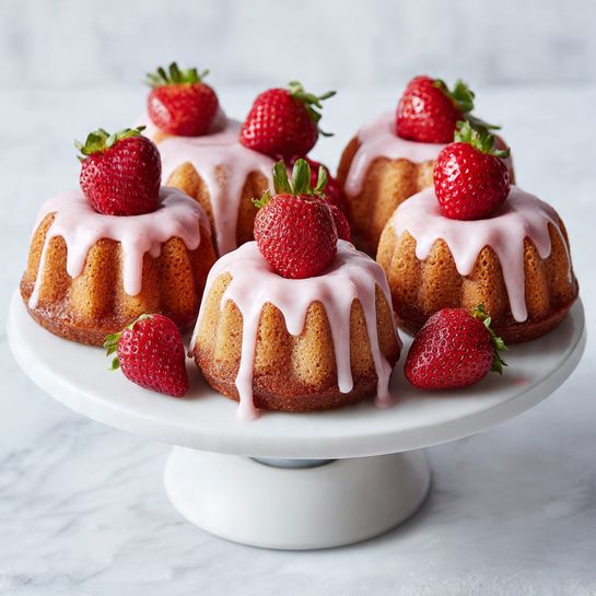 The image shows six small bundt cakes arranged in a circle on a white cake stand with a smooth surface and a sturdy stem. Each cake is golden brown with a soft, crumbly texture and is dripping with a light pink icing that flows gently down the ridges. A single ripe red strawberry stands upright in the center hole of each cake, with several more strawberries scattered around the cakes on the cake stand. The background is a white marbled texture, with soft light creating a bright and clean atmosphere. photo taken with an iphone --ar 4:5 --v 7