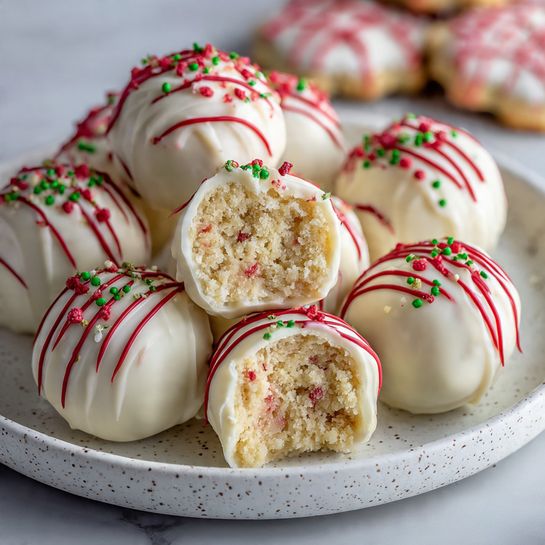 The image shows a white speckled plate filled with round white chocolate balls. Each ball is covered with smooth white coating and decorated with thin red lines and green sprinkles on top. One ball is cut in half at the front right side, showing a crumbly, light beige inside with small red and green bits mixed in. In the background, some white cookies with red zigzag icing are partially visible. The surface under the plate has a white marbled texture with beige tones. photo taken with an iphone --ar 4:5 --v 7