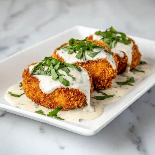 The image shows a white square plate holding three golden-brown breaded patties, each topped with a creamy white sauce that drips slightly down the sides. The patties are arranged in a diagonal row, and the sauce pools around them on the plate. Fresh chopped green herbs are sprinkled on top of the patties and sauce, adding contrast and color. The plate is set on a white marbled surface. Photo taken with an iphone --ar 4:5 --v 7