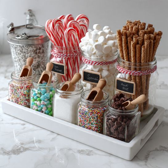 The image shows a white tray with two rows of clear glass jars and containers filled with various toppings and candies on a white marbled texture. The top row has five jars: on the far left, a metal container filled with individually wrapped red and white candy canes, a jar filled with mini white marshmallows, a jar with rolled wafer sticks, a jar with white chocolate chips and a jar with dark chocolate chips, all decorated with small wooden scoops and red and white twine around the rim. The bottom row has six smaller jars containing crushed nuts, white sugar, peppermint candy sticks, colorful round sprinkles, chocolate sprinkles, and small chocolate pieces, each with a small wooden scoop inside. Small black chalkboard-style labels are attached to most jars. Photo taken with an iphone --ar 4:5 --v 7