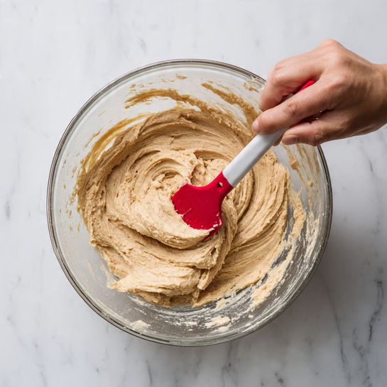 The image shows a clear glass bowl filled with a smooth, thick, light brown dough-like mixture. A woman's hand is holding a red spatula with a clear handle, stirring or lifting the dough inside the bowl. The bowl rests on a white marbled surface, which provides a clean and bright background. The dough has a soft, creamy texture with slight swirls where it has been mixed. Photo taken with an iphone --ar 4:5 --v 7