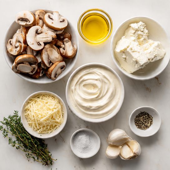 The image shows a clean white marbled background with eight white bowls and small dishes arranged neatly. The largest bowl is filled with fresh, light brown sliced mushrooms with white stems, piled up. Next to it, a bowl holds smooth, creamy white sauce with gentle swirls on top. Below, another white bowl contains thick, slightly textured cream cheese. There is a small glass cup with clear golden olive oil placed near the center. A small round white bowl is filled with shredded white cheese, loosely piled, sitting beside two peeled garlic cloves resting on the surface. Two small dishes contain fine white salt with black pepper on one half, and finely grated pale yellow Parmesan cheese in the other. At the bottom lies a small bunch of fresh green thyme sprigs with detailed leaves. The scene is bright and fresh, with simple, clean colors and textures photo taken with an iphone --ar 4:5 --v 7