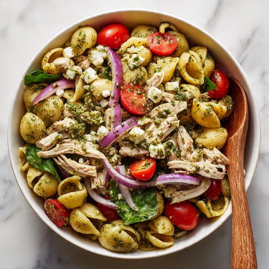 The image shows a white bowl filled with a colorful pasta salad. The bottom layer is made of light yellow shell pasta coated lightly in green pesto sauce. Mixed throughout the pasta are bright red halved cherry tomatoes and deep green fresh spinach leaves. Pieces of light, shredded chicken are scattered on top, mixed with small chunks of white cheese. There are also slices of purple onion adding more color and texture. A wooden spoon is placed inside the bowl on the right side. The bowl sits on a white marbled surface. Photo taken with an iphone --ar 4:5 --v 7