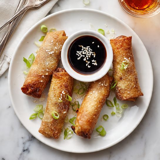 A white round plate holds four golden-brown spring rolls arranged around a small white bowl of dark soy sauce sprinkled with white sesame seeds in the center. Each spring roll is crispy with a slightly shiny surface, speckled with white sesame seeds and faint green bits of scallion visible inside the translucent wrapper. The rolls are placed on a white marbled surface with scattered small green scallion pieces around the plate. A glass of light amber drink and a fork are partially visible at the top edges of the image. photo taken with an iphone --ar 4:5 --v 7
