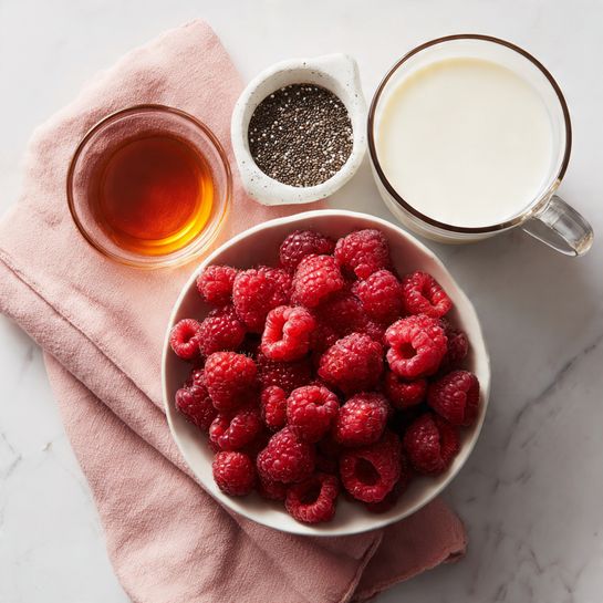 The image shows a white bowl filled with bright red raspberries, piled high and filling the bowl completely. Nearby, there is a small white container with black chia seeds that have a speckled texture. Next to it, a small clear glass bowl holds dark amber syrup that has a smooth surface and glossy shine. There is also a clear glass mug filled with creamy white milk, showing a smooth texture on top. All items are placed on a soft pink cloth, with the entire scene set on a white marbled surface. photo taken with an iphone --ar 4:5 --v 7