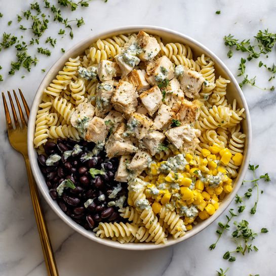The image shows a bowl of pasta salad with three main layers. The bottom layer is white spiral rotini pasta, cooked and soft, forming a thick base. The middle layer is made of yellow corn kernels and black beans, spread evenly among the pasta adding bright and dark colors. The top layer has pieces of cooked chicken with a light golden brown outside, mixed with fresh green herbs sprinkled on top and a creamy white sauce drizzled in spots. The food is in a white bowl sitting on a white marbled surface, with scattered green herbs around and a golden fork on the left side. Photo taken with an iphone --ar 4:5 --v 7