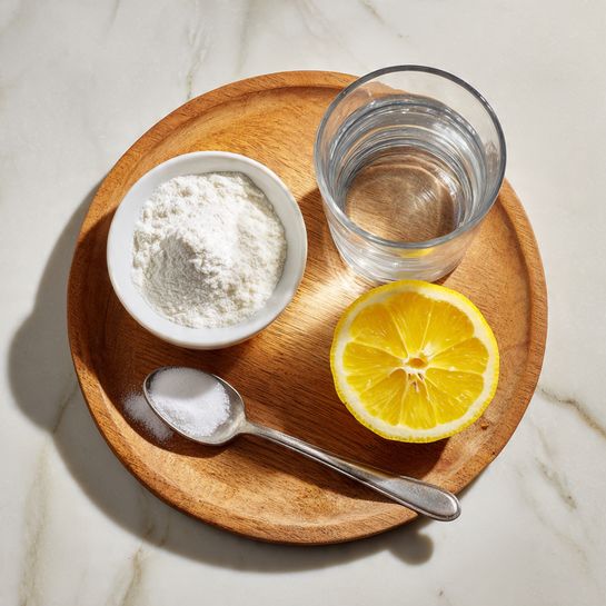 A round wooden board holds four items arranged neatly on a white marbled surface: a small white bowl filled with fine white powder sits at the top left, a clear glass of water is beside it on the top right, a bright yellow half lemon with its pulp clearly visible is on the bottom right, and a silver spoon with a small amount of the white powder rests diagonally on the bottom left of the board. The setting is simple and clean, with natural light emphasizing the textures of the wood, glass, and lemon photo taken with an iphone --ar 4:5 --v 7