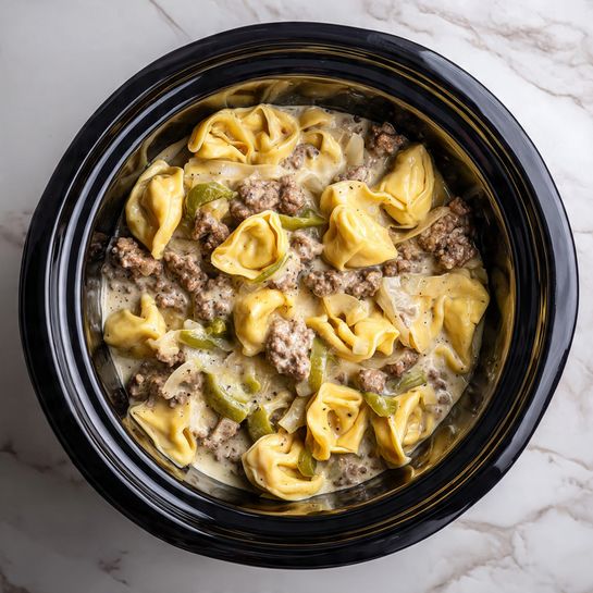 The image shows a black slow cooker filled with creamy tortellini pasta. The tortellini pieces are bright yellow and have a smooth, slightly shiny texture. Mixed in are small chunks of browned ground meat and thin slices of translucent onion, along with a few slender green pepper strips visible throughout. The creamy sauce coats all the ingredients, giving a slightly wet, rich look to the whole dish. The slow cooker sits on a white marbled surface. photo taken with an iphone --ar 4:5 --v 7