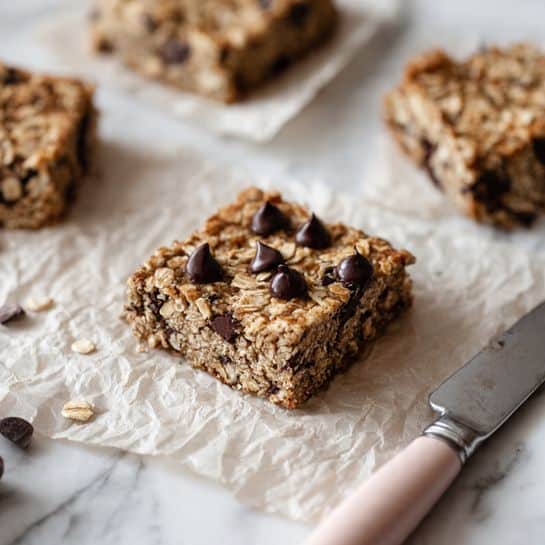 The image shows a close-up of a square oatmeal bar with three dark chocolate chips on top, sitting on crinkled parchment paper. The bar is thick and textured with visible oats spread unevenly across its surface and some chocolate chunks peeking through. Around it are parts of other similar oatmeal bars. To the right, there is a metal butter knife with a pale pink handle, resting on the parchment paper that has a few chocolate marks. The whole scene is set against a white marbled surface. photo taken with an iphone --ar 4:5 --v 7