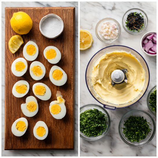 The image shows two parts: on the left, a wooden board with eight halves of boiled eggs placed evenly, each egg showing a white outer layer and a bright yellow yolk in the center, with half a lemon and small white bowls of white and black ingredients around it on a white marbled surface. On the right, there is a top-down view of a food processor bowl filled with a smooth, creamy pale yellow mixture, with the metal blade visible in the center, surrounded by small clear bowls holding chopped green herbs and small pieces of red onion, all on the same white marbled surface. photo taken with an iphone --ar 4:5 --v 7