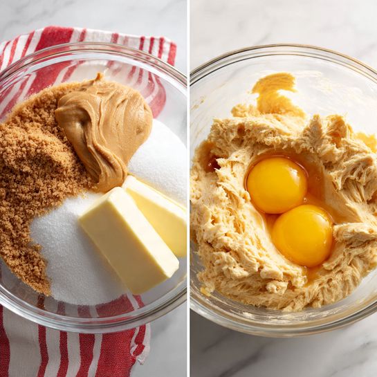 Two photos side by side show a clear glass mixing bowl on a white marbled surface with a red and white striped cloth nearby. In the first photo, the bowl has four separate layers of ingredients: a light brown creamy layer of peanut butter on the left, a white layer of granulated sugar below that, a mound of light brown sugar piled to the right, and a solid block of pale yellow butter sitting on top of the brown sugar. In the second photo, the ingredients are blended into a creamy light brown mixture filling most of the bowl, with two raw yellow egg yolks placed near the center, resting on top of the batter. The texture looks fluffy and thick, and the bowl is the same clear glass on the white marbled surface with the red and white cloth visible. Photo taken with an iphone --ar 4:5 --v 7
