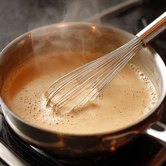 A close-up image of a silver metal pan on a black stovetop with steam rising from it. Inside the pan, there is a creamy tan liquid being stirred by a metal whisk resting inside. The liquid has a smooth texture with a few small bubbles around the edges. The pan’s surface is shiny and reflective. The photo is focused on the pan and whisk with a blurred background. photo taken with an iphone --ar 4:5 --v 7