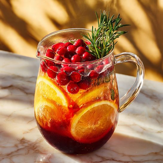 A clear glass pitcher filled with a deep red liquid, containing several bright red cranberries floating on top and throughout. There are slices of orange and lime positioned vertically along the inside edges and floating near the top, adding vibrant orange and light green colors. Two sprigs of fresh green rosemary stand upright amidst the fruit. Small bubbles cling to the fruit and the inside surface of the pitcher. The pitcher is placed on a white marbled surface with sunlight casting soft shadows. Photo taken with an iphone --ar 4:5 --v 7