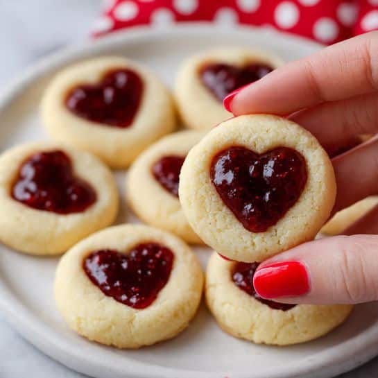 The image shows a close-up of many round cookies on a white plate. Each cookie has two main parts: the outer ring is light yellow and soft-looking, with a smooth and slightly crumbly texture, and the center is filled with shiny, dark red jam that is thick and slightly bumpy. The cookies are stacked closely together, covering the whole plate, which sits on a white marbled surface. The jam filling is thick and finger-like shaped inside each cookie, making each piece look fresh and inviting. Photo taken with an iphone --ar 4:5 --v 7