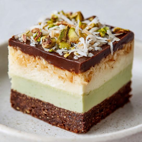 This image shows a slice of layered dessert on a white plate with a white marbled background. The bottom layer is a thick, dark brown, dense chocolate base. Above it is a thick pale green creamy layer with a smooth texture. On top of this is a golden toasted coconut layer with a slightly rough texture. The top layer is a shiny, smooth dark chocolate glaze, decorated with crushed green pistachios and light brown shredded topping. The layers are clearly visible and neatly stacked. Photo taken with an iphone --ar 4:5 --v 7