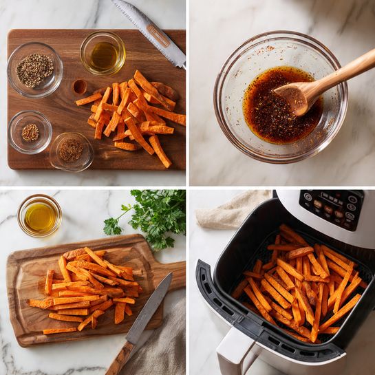 The image shows four steps of making sweet potato fries. In the first step, orange sweet potato strips are neatly cut into long sticks and placed on a wooden board next to a knife, with small glass bowls containing spices and oil on a white marbled surface above. The second step shows a clear glass bowl with dark reddish-brown sauce being stirred with a wooden spoon on the same white marbled background. The third image displays the orange fries coated with the sauce inside the clear glass bowl, with part of the white air fryer visible. The last step illustrates the seasoned sweet potato fries arranged in a black air fryer basket ready to be cooked, with some green parsley on the white marbled surface near the top edge of the frame. Photo taken with an iphone --ar 4:5 --v 7
