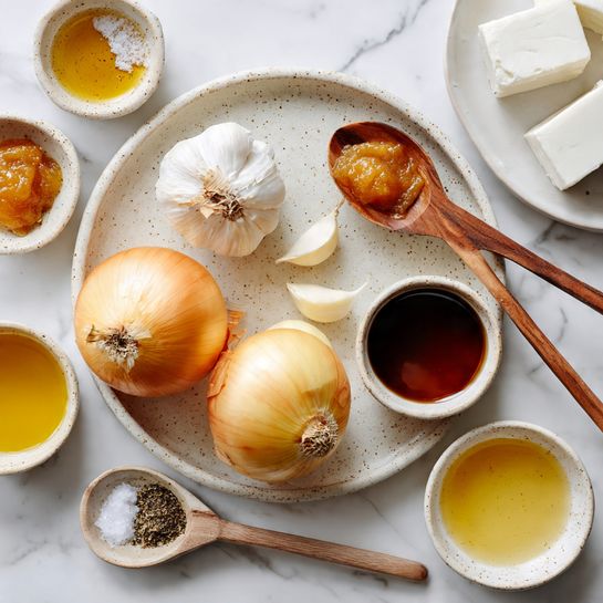 A round white plate with light brown speckles holds two whole yellow onions side by side near the bottom center. Above them are three peeled garlic cloves and two wooden spoons; one filled with a dark brown liquid on the right side, and another with a light brown paste near the top left. Around the plate are small bowls and spoons containing golden yellow oil on the left, dark brown sauce below it, coarse salt in a spoon above the onions, and a clear light yellow liquid in a speckled white bowl on the lower right. The plate and bowls sit on a white marbled surface with part of a white plate holding white tofu visible in the top right corner. Photo taken with an iphone --ar 4:5 --v 7