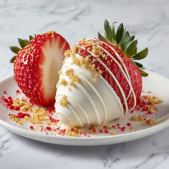 The image shows a strawberry dipped in white chocolate with thin drizzles running down its sides. The strawberry is topped with a layer of light yellow crumbs and bright red powder. Next to the whole strawberry is a half strawberry covered in the same white chocolate and crunchy toppings, revealing the red fruit inside with some crumb coating in the center. Both strawberries rest on a white plate over a white marbled surface. Photo taken with an iphone --ar 4:5 --v 7
