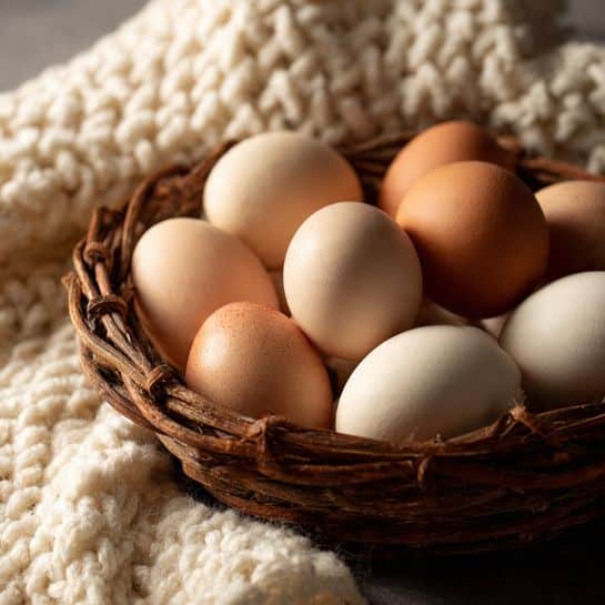 A close-up image of a round basket filled with a dozen eggs in different shades of light brown to beige. The eggs are smooth with a natural matte texture and are nestled tightly together within the woven basket made of thin, brown twigs. The basket sits partly on a white knitted cloth with a soft, chunky texture, which rests on a dark surface. The soft light creates gentle shadows and a warm, cozy feeling. photo taken with an iphone --ar 4:5 --v 7