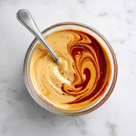 A clear glass bowl contains a creamy light orange sauce mixed with a darker red sauce on one side, creating a swirl effect in the middle. Inside the bowl, a silver spoon is partially submerged in the sauce, resting near the edge. The bowl is placed on a white marbled surface, giving a clean and bright look to the scene. photo taken with an iphone --ar 4:5 --v 7