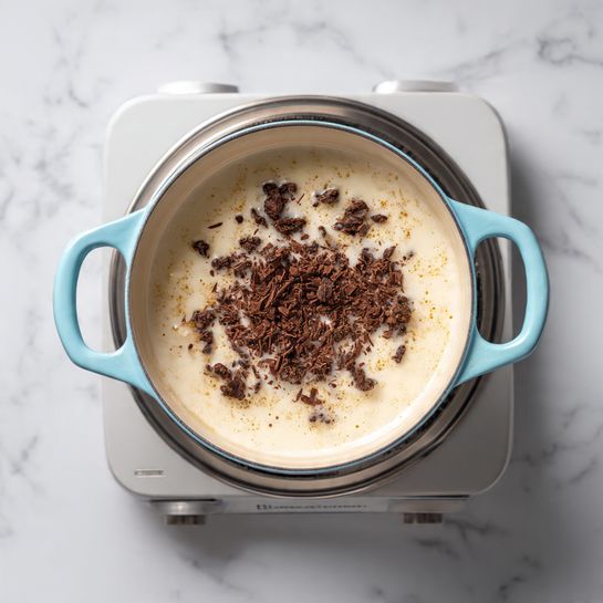A top view of a round light blue pot with two handles, sitting on a silver electric burner placed on a white marbled surface. Inside the pot, there is a creamy liquid base with light brown foam on top. Scattered on the liquid are irregular clumps of dry, dark brown powder, some forming small mounds. The scene shows the beginning of mixing, with the powder still mostly unmixed on the surface. The pot's light blue handles contrast softly with the cream and brown mix inside. Photo taken with an iphone --ar 4:5 --v 7