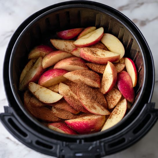 Inside a black air fryer basket, there are about three layers of apple slices coated in a light brown cinnamon powder. The apple slices are a mix of red and yellow skins, and they have a soft, slightly glossy texture. The slices are placed evenly, with some resting on others, forming a scattered pile across the basket floor. The basket has a ribbed, matte black surface, and the photo shows the edge of the air fryer handle in the foreground. The overall scene is set on a white marbled texture. photo taken with an iphone --ar 4:5 --v 7