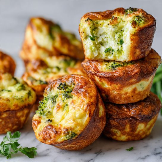 A pile of crispy broccoli cheese bites is shown on a white plate, each piece coated in a golden-brown crumb layer with green broccoli bits visible through the crust. The bites are stacked, and one at the top is broken open, revealing a creamy, melted cheese interior mixed with bright green broccoli. Small sprinkles of fresh parsley add a touch of green on top of the crumbs. In the background, there is a white cup filled with a light yellow dipping sauce with some green herbs on its surface. The setting has a white marbled texture underneath the plate. photo taken with an iphone --ar 4:5 --v 7