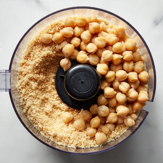 A clear round food processor bowl is shown from above with a black center blade. Inside, there are two layers: a spread of small, light beige grains around the edge forming the first layer, and a pile of round, light tan chickpeas covering part of the grain layer in the center and extending towards the right side. The background is a white marbled surface. photo taken with an iphone --ar 4:5 --v 7