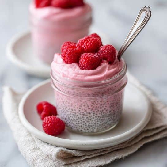 The image shows a small clear glass jar filled with a pink chia seed pudding, where the tiny black chia seeds are visible evenly throughout the creamy pink layer. On top of the pudding, there is a thick layer of smooth pink cream adorned with several fresh red raspberries clustered together. A small silver spoon sticks out from the jar's right side, resting gently in the pudding. The jar is placed on a white plate with a textured cream cloth beside it, against a white marbled surface background. In the background, a second similar jar is softly blurred. Photo taken with an iphone --ar 4:5 --v 7