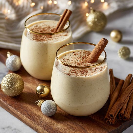 Two rounded glasses with gold rims are filled with a creamy light beige drink that has a smooth and slightly thick texture. Each glass has a cinnamon stick standing upright in the center, with a light sprinkling of cinnamon powder on the surface of the drink. The glasses are set on a wooden board, surrounded by small gold and silver Christmas ornaments and extra cinnamon sticks. The background includes a white marbled surface with a soft striped cloth and blurred festive lights, creating a cozy and warm atmosphere. photo taken with an iphone --ar 4:5 --v 7