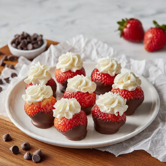 A white plate holds fifteen strawberries cut in half, each dipped halfway in milk chocolate, showing a smooth glossy brown layer covering the bottom half of the bright red fruit with visible seeds and texture. On top of each strawberry halves sits a swirl of creamy white whipped topping, adding a soft, fluffy contrast to the dense chocolate and juicy strawberry. The plate is placed on a wooden surface next to a crumpled piece of white parchment paper, with scattered chocolate chips and whole strawberries nearby, all set against a white marbled background. photo taken with an iphone --ar 4:5 --v 7