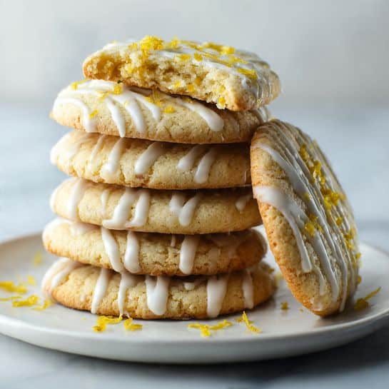 A stack of seven round lemon cookies sits on a white plate, each cookie light golden brown with a soft, crumbly texture. The cookies are topped with thin white icing drizzles in irregular lines and small pieces of bright yellow lemon zest scattered across the surface. The top cookie is broken in half and balanced on the rest, showing its moist interior. The plate is set on a white marbled surface with soft natural light from a window in the background, focused closely on the cookies to show their detail. Photo taken with an iphone --ar 4:5 --v 7