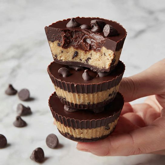 Three stacked round chocolate cups are held by a woman's hand, each cup showing three layers: a smooth dark chocolate outer shell, a thick middle layer of light beige dough mixed with small dark chocolate chips, and a rich, dark chocolate filling core at the center. The top cup is bitten to reveal the inside clearly, with several dark chocolate chips scattered on the top surface of each cup. The background is a white marbled texture with a few chocolate chips scattered around. Photo taken with an iphone --ar 4:5 --v 7