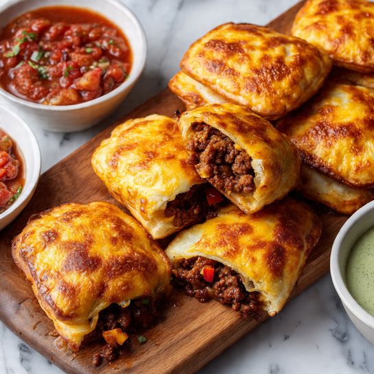 The image shows a wooden board with several golden brown baked pockets layered with melted cheese on top, that look crispy and flaky. One pocket is broken open in the front, revealing a filling of dark brown cooked ground meat with small pieces of red vegetables, surrounded by melted yellow cheese inside. In the background, there are white bowls containing chunky red salsa and a light greenish sauce, placed on a white marbled surface. The overall colors are warm and appetizing, with the cheese having a bubbly, slightly browned texture. photo taken with an iphone --ar 4:5 --v 7