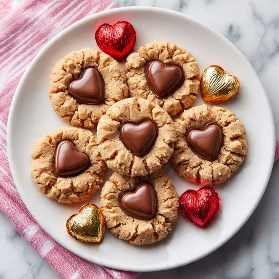 A white round plate holds six light brown cookies with a rough, cracked texture on top. Each cookie has a shiny, smooth dark brown heart-shaped chocolate piece placed in the center. Around the plate and among the cookies, there are several shiny red and gold foil heart-shaped chocolates. The plate is set on a white marbled surface, and a pink and white striped cloth is slightly visible in the background. Photo taken with an iphone --ar 4:5 --v 7
